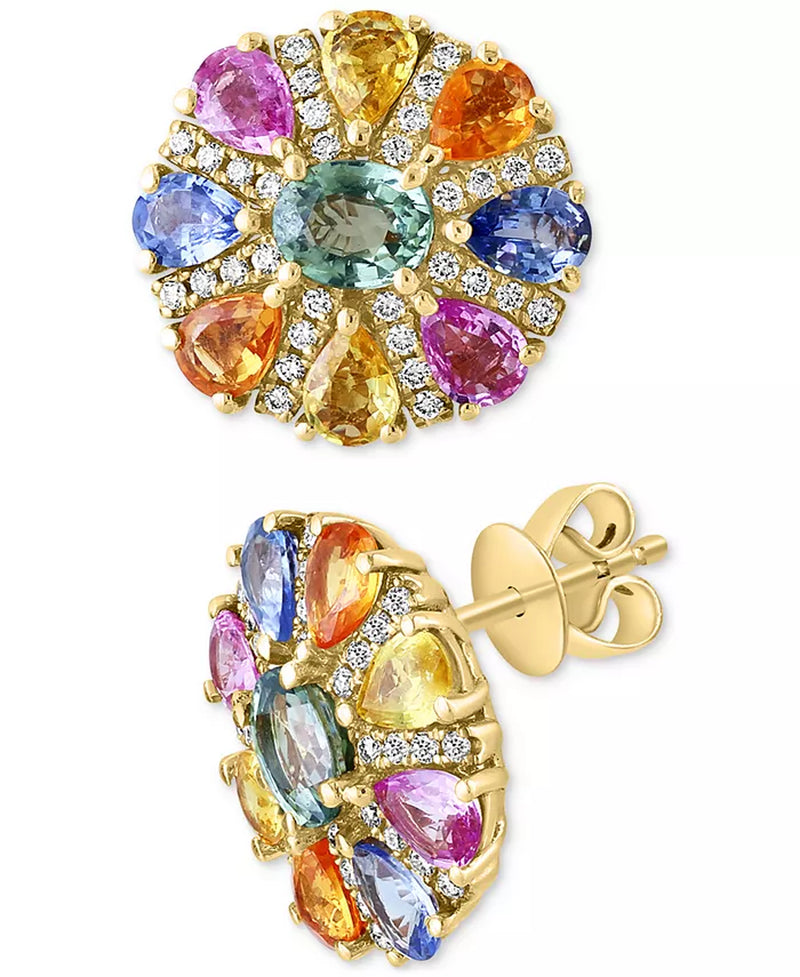 [14K] Gold Multi-Sapphire (3-7/8 Ct. T.W.) & Diamond (1/4 Ct. T.W.) Flower Stud Earrings