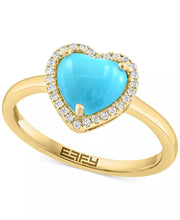 [14K, 1/10 Ct. T.W.] Gold Turquoise & Diamond Heart Halo Ring