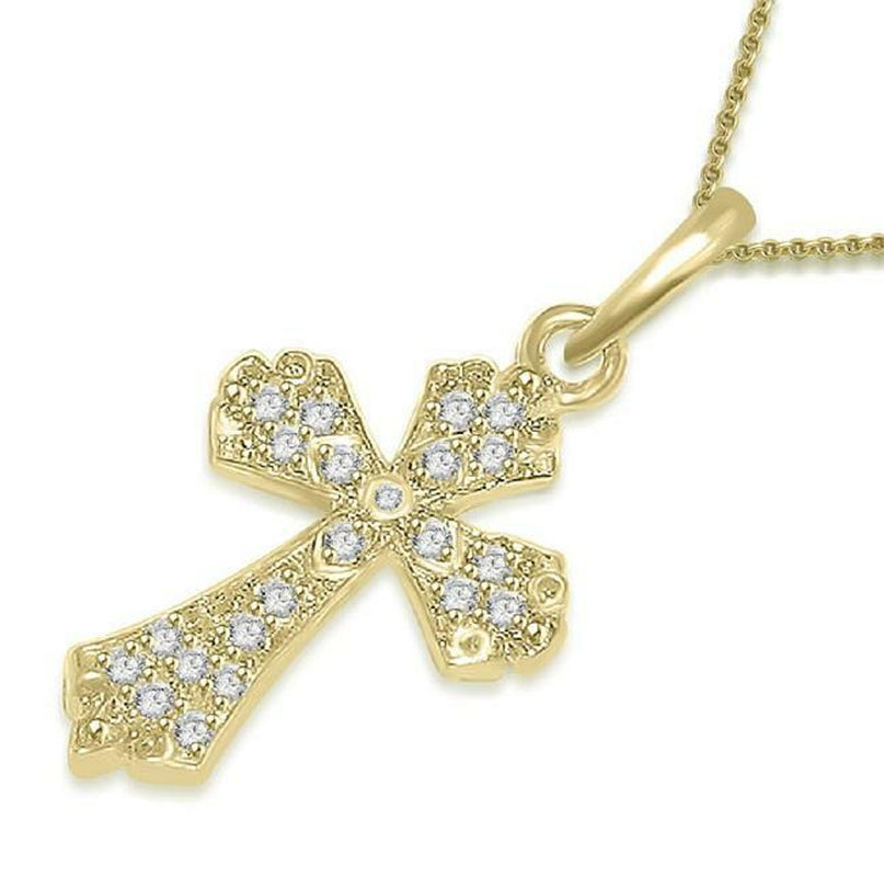 [14K, 0.35TCW]Solid Gold Round Cut Diamond Cross Pendant Necklace Bezel Set