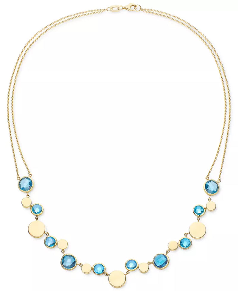 [14K , (14-3/4 Ct. T.W.] Gold Multi-Blue Topaz & Polished Disc Double Strand 18" Collar Necklace