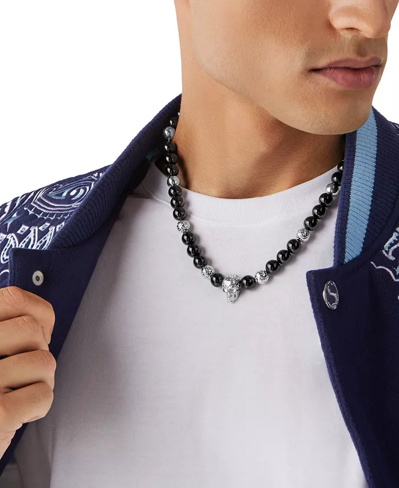 Men's Stainless Steel Black Skull Onyx Bead Necklace