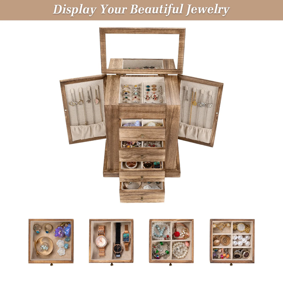 Jewelry Box for Women, 5 Layer Large Wood Jewelry Boxes for Necklaces Earrings Rings Bracelets, Rustic Wooden Jewelry Organizer Box with 4 Drawers and Mirror