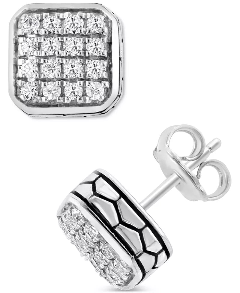 [5/8 Ct. T.W.] Men's Sterling Silver White Sapphire Square Cluster Stud Earrings