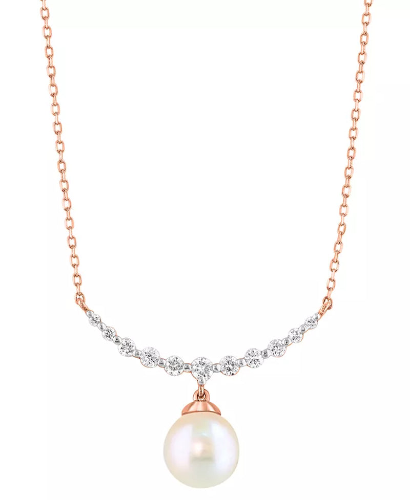 [14K, 1/6 Ct. T.W.] Rose Gold Cultured Akoya Pearl (6Mm) & Diamond Collar Necklace