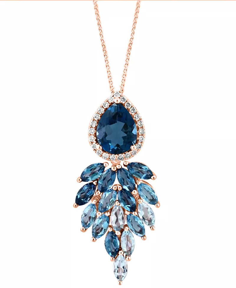 [14K] Rose Gold London Blue Topaz (3-3/8 Ct. T.W.), Sky Blue Topaz (1-5/8 Ct. T.W.) & Diamond (1/8 Ct. T.W.) Cascading Necklace