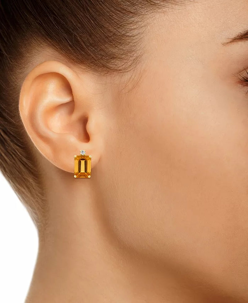 [14K, 3-1/5 Ct.T.W] Yellow Gold Citrine & Diamond Stud Earrings