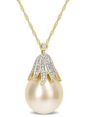 [14K] Yellow Gold Cultured Pearl & Diamond Necklace