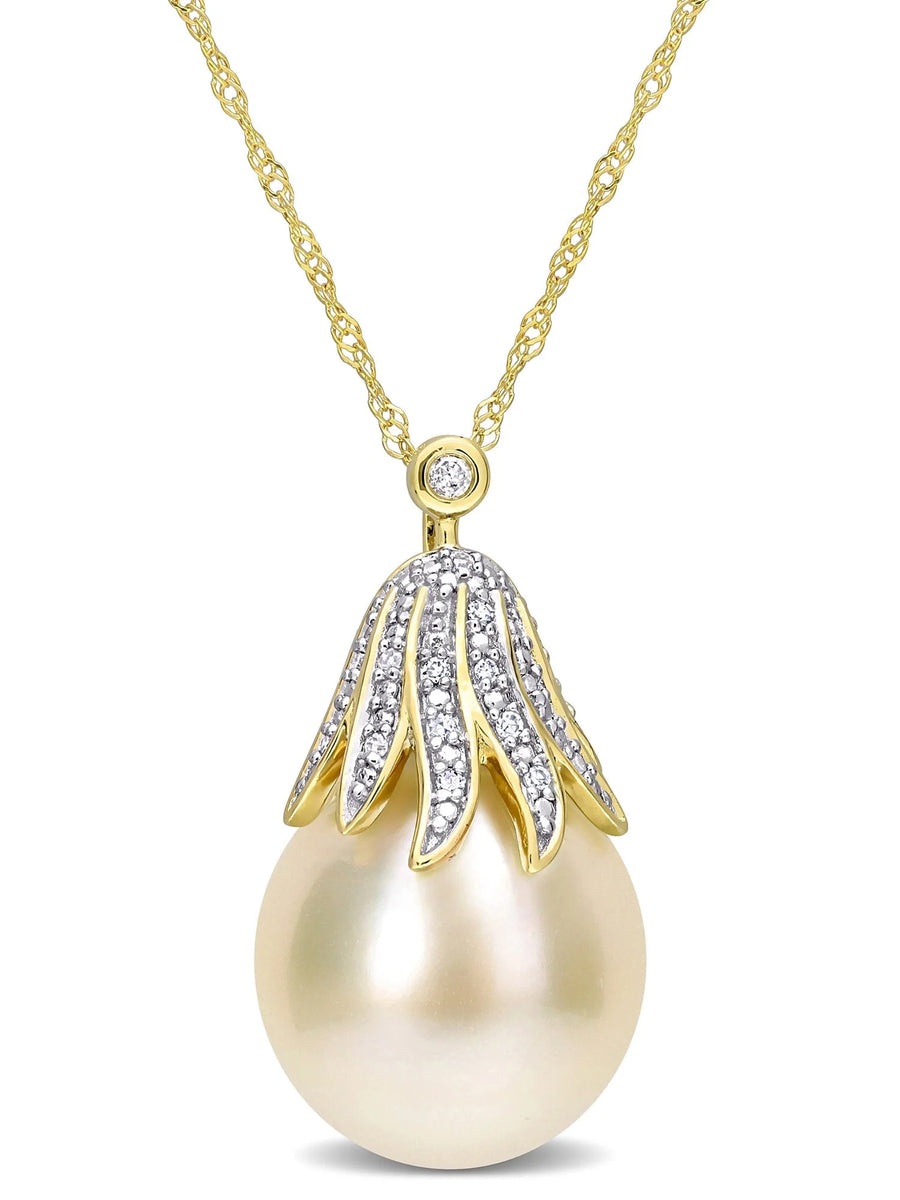 [14K] Yellow Gold Cultured Pearl & Diamond Necklace