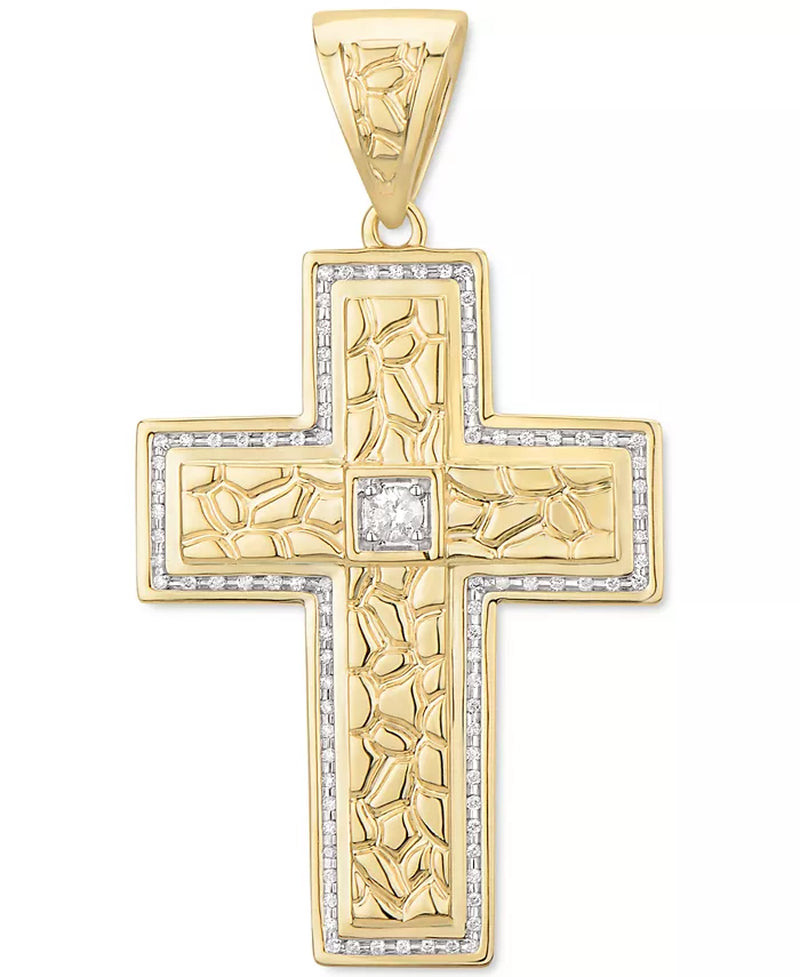 [10K, 1/2 Ct. T.W] Gold Diamond Textured Cross Pendant