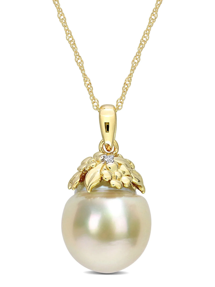 [14K] Yellow Gold Cultured Pearl & Diamond Necklace