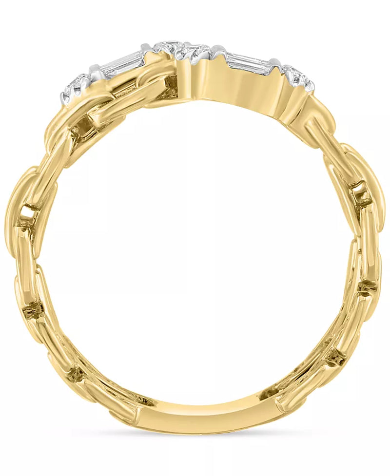 [14K, 1/4 Ct. T.W.] Gold Diamond Baguette & Round Chain Link Double Ring