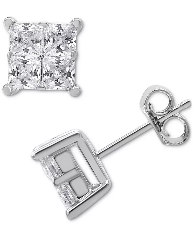 [14K, 2 Ct. T.W.] White Gold Diamond Seamless Cluster Princess Stud Earrings