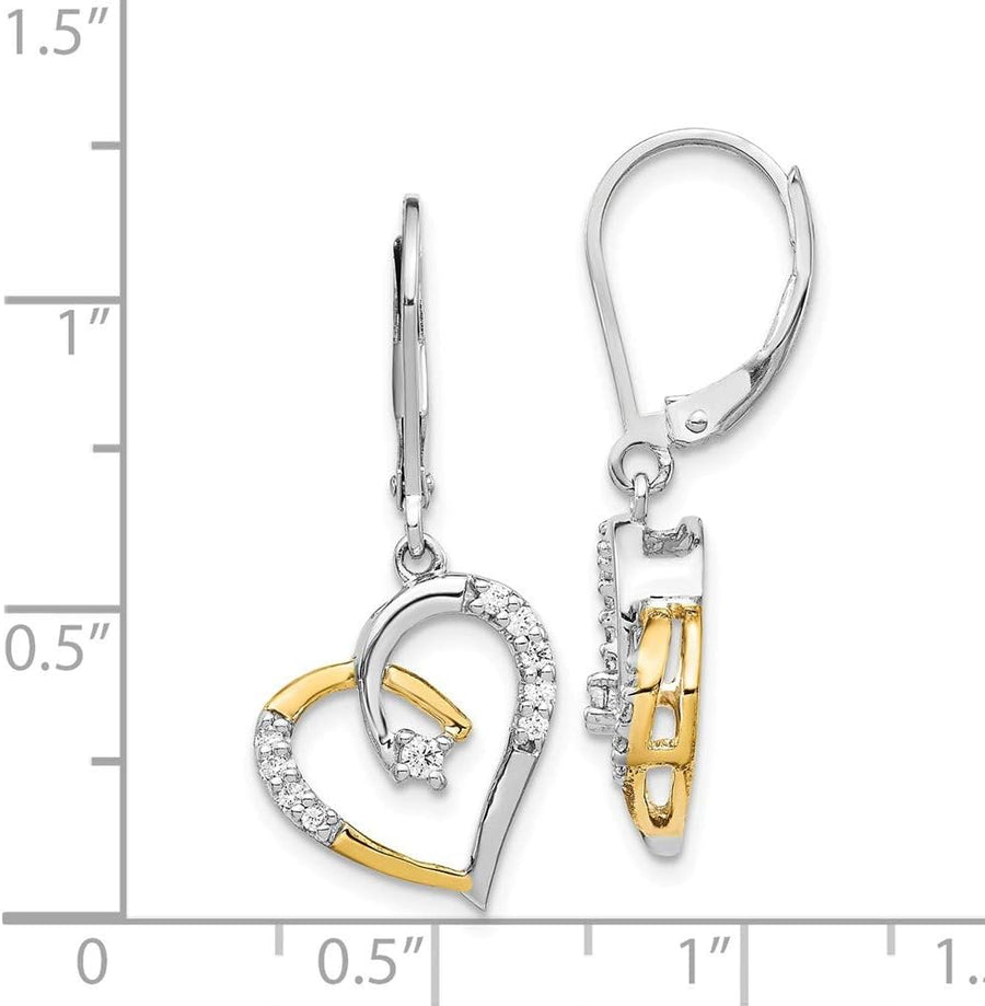 [14K] Yellow & White Gold Diamond Heart Leverback Earrings