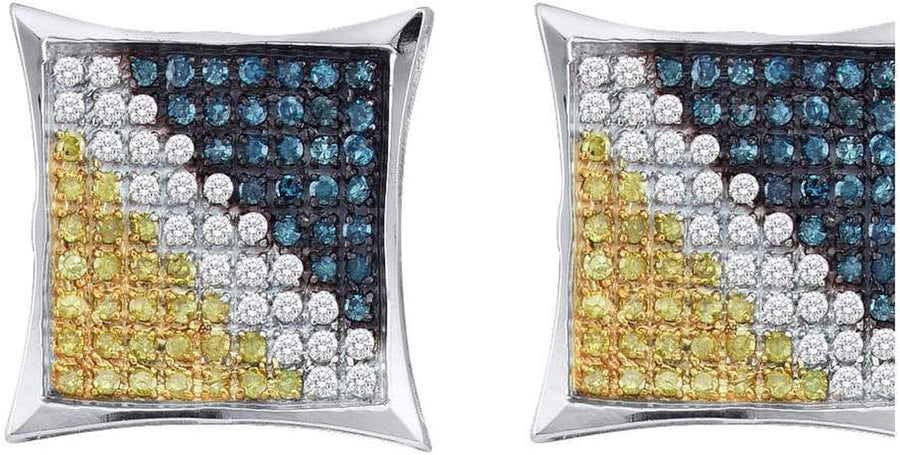 [10K, 1/3 Cttw] White Gold Mens Yellow Blue Color Enhanced Diamond Square Cluster Stud Earrings 