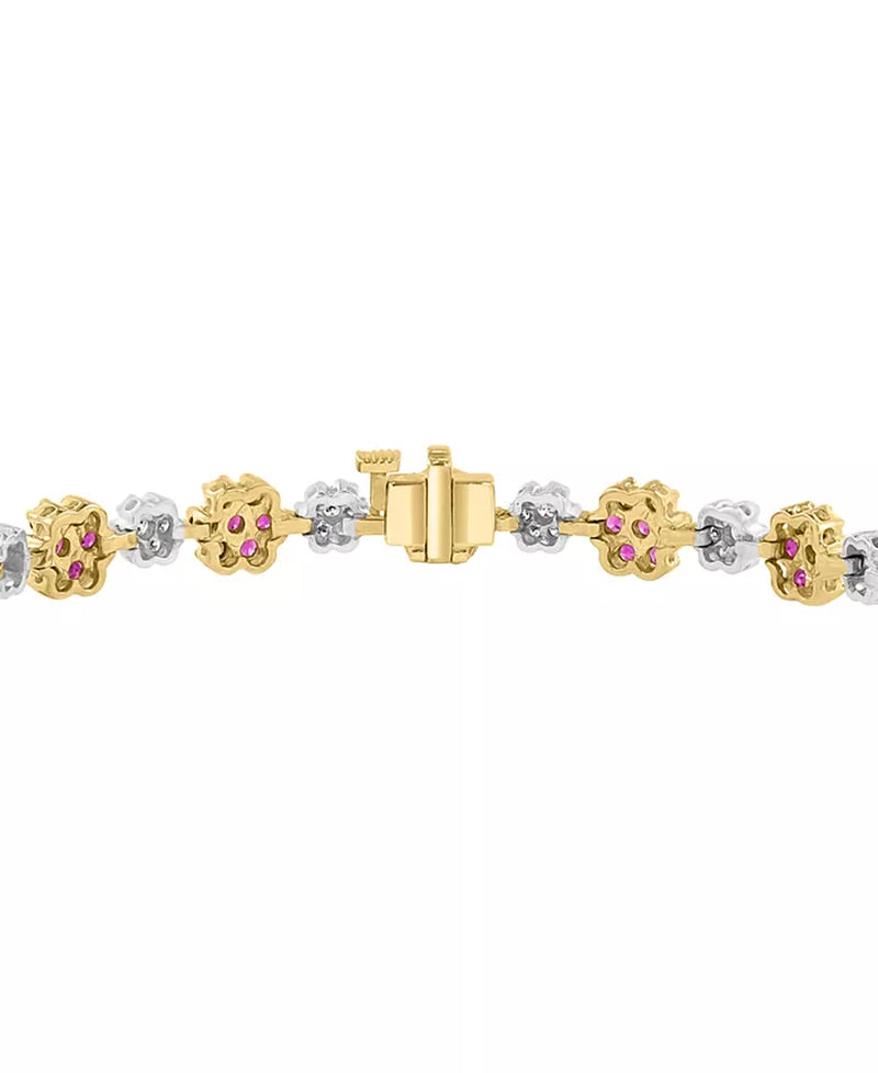 [1-1/10 Ct. T.W.] 14K Two-Tone Gold Diamond & Ruby Flower Link Bracelet