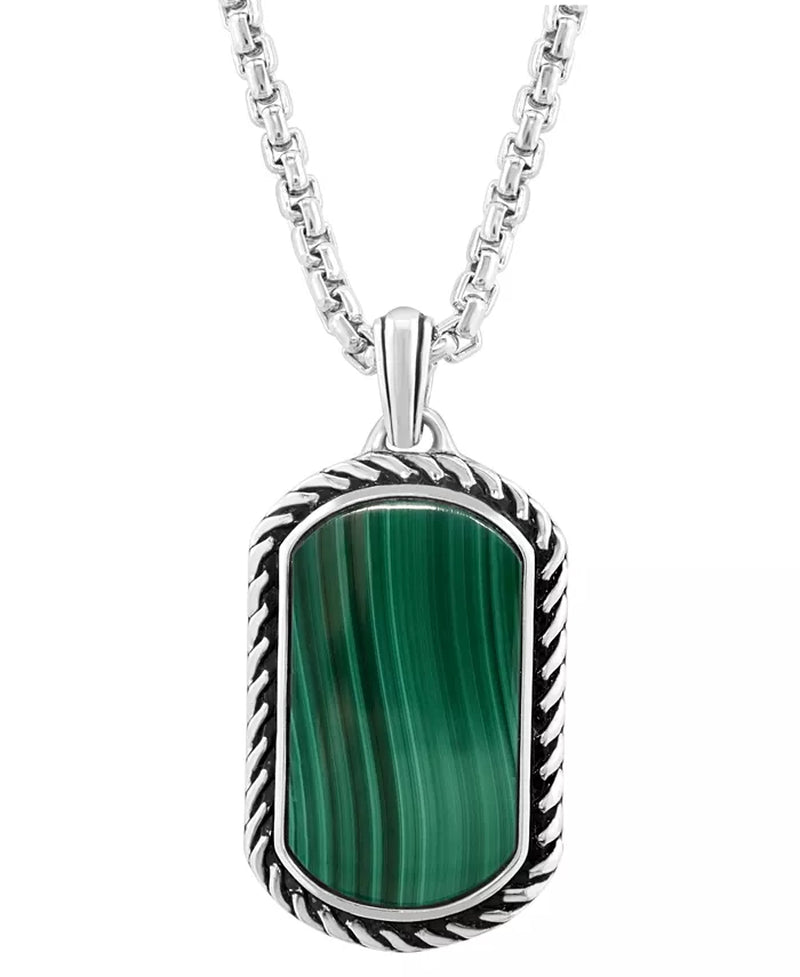 Sterling Silver Mens Malachite Dog Tag 22" Pendant