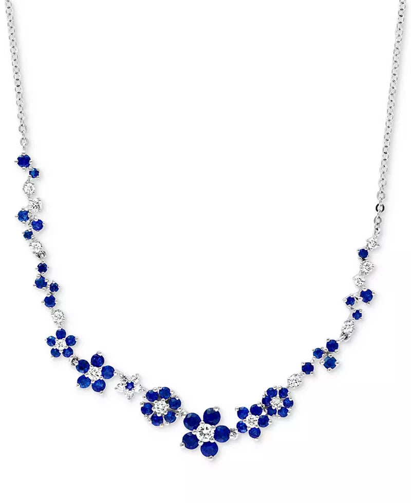 [14K] White Gold Sapphire (1-3/4 Ct. T.W.) & Diamond (3/8 Ct. T.W.) Flower  Necklace