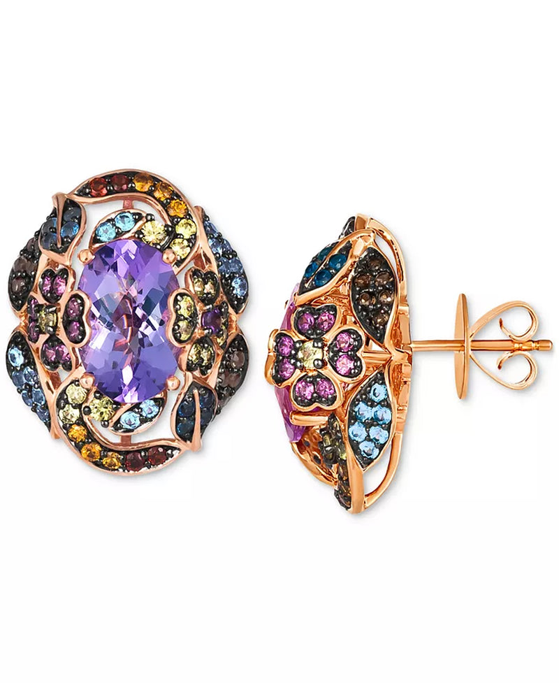 [14K, 7-3/4 Ct. T.W.] Rose Gold Multi-Gemstone Floral Cluster Statement Stud Earrings