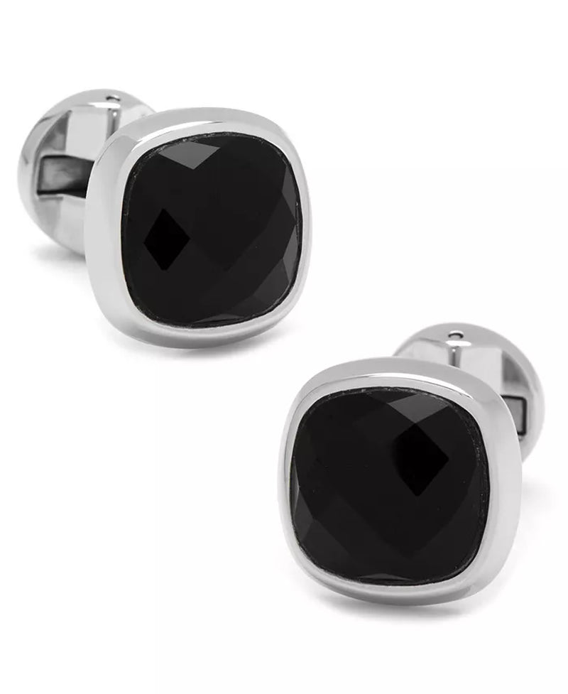 Mens Stainless Steel Faceted Onyx Cufflink and Stud Set