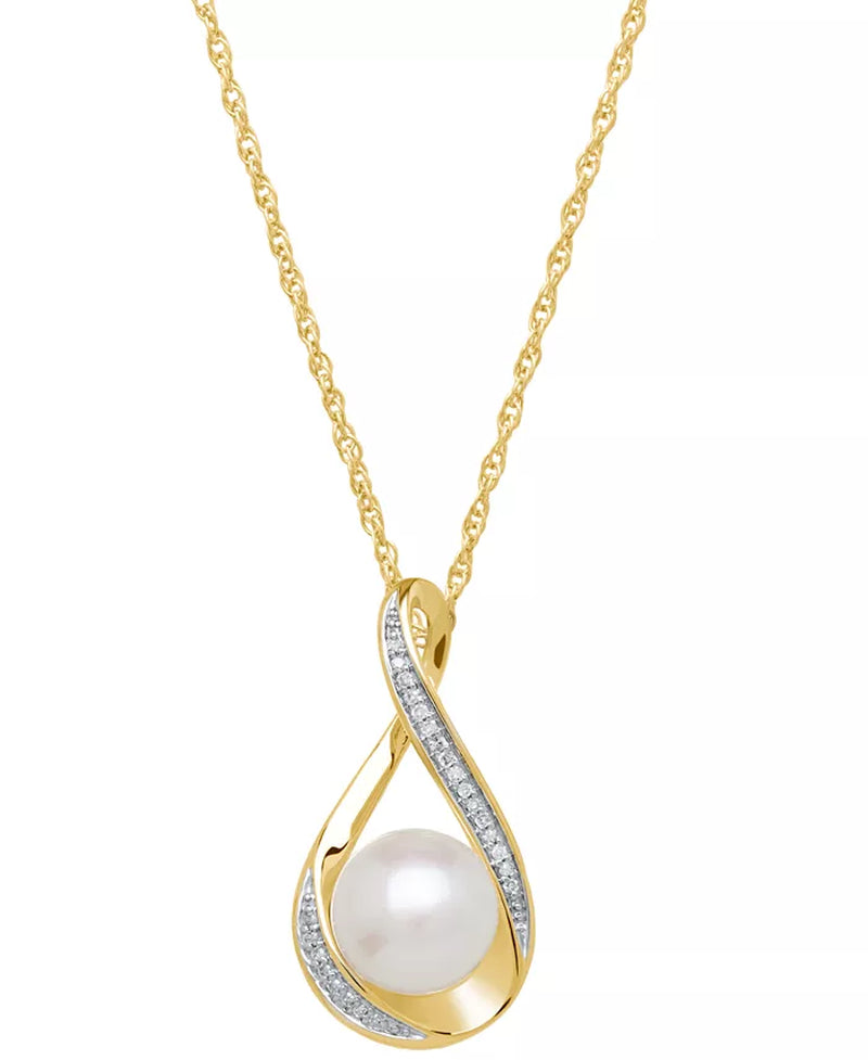 [14K] Gold Cultured Freshwater Pearl & Diamond Accent Pendant Necklace