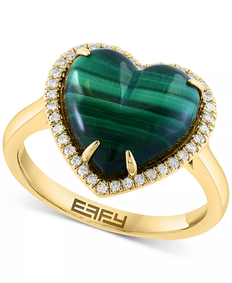 [14K,1/6 Ct. T.W.] Gold  Malachite & Diamond Heart Halo Ring