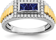 [14K] Avariah Solid Gold Two-Tone Sapphire and Diamond Mens Ring