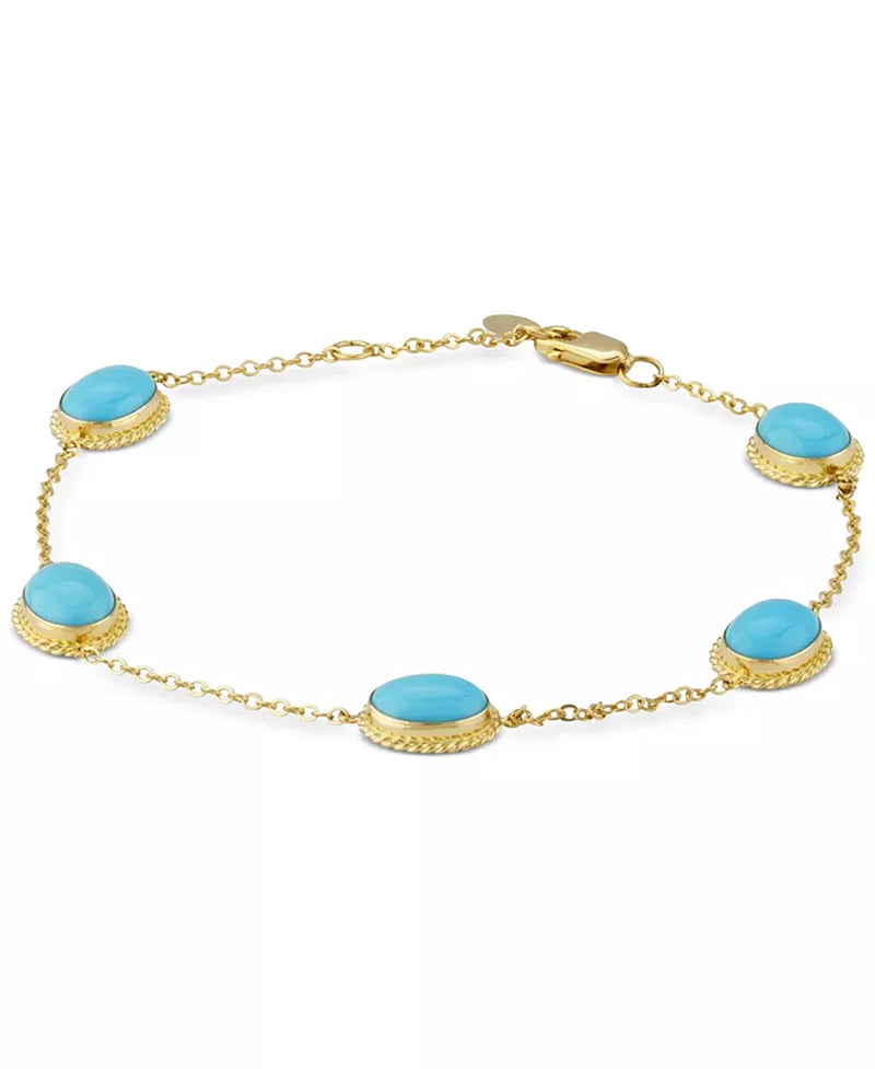 14K Yellow Gold Genuine Sleeping Beauty Turquoise Chain Bracelet