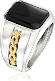 Men'S Black Onyx Ring in Sterling Silver and 14Kt Yellow Gold