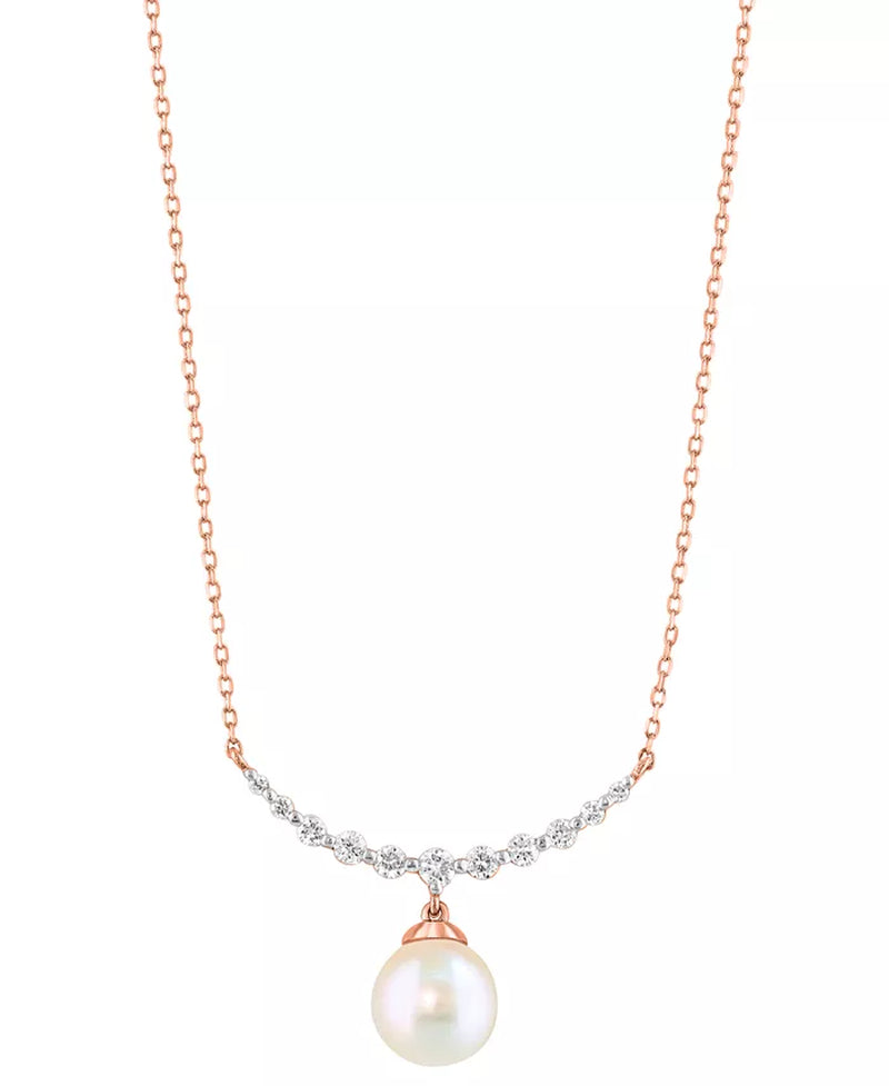 [14K, 1/6 Ct. T.W.] Rose Gold Cultured Akoya Pearl (6Mm) & Diamond Collar Necklace