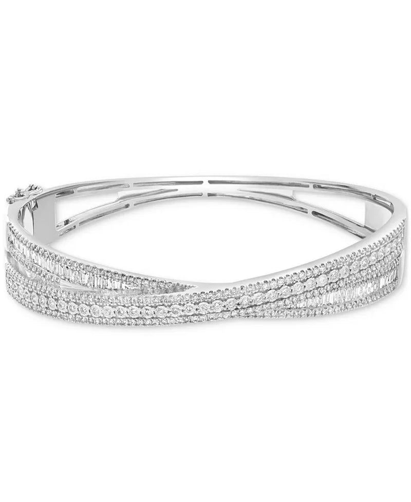 [14K, 2-1/6 Ct. T.W.] White Gold Diamond Round & Baguette Crossover Bangle Bracelet