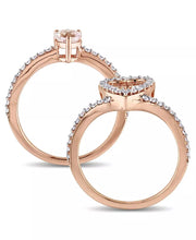 [10K, 1/2 C.T.W.] Morganite & Diamond Heart Halo Interlocking Bridal Ring Set