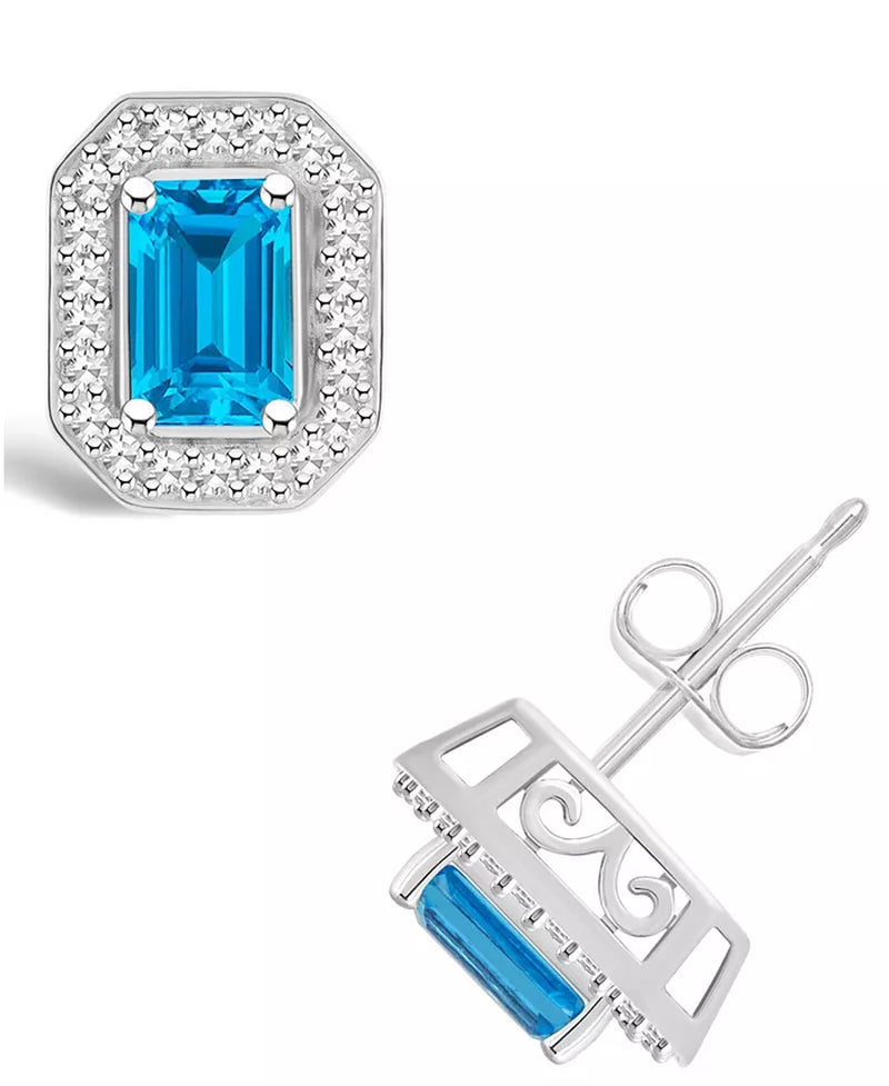 Blue Topaz (1-2/5 Ct. T.W.) and Diamond (1/5 Ct. T.W.) Halo Studs in Sterling Silver