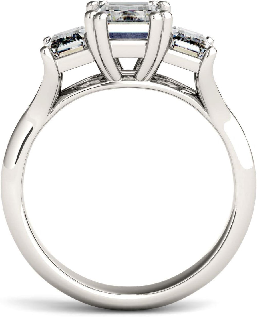 [14K, 2.91 Cttw]  White Gold with Rhodium Lab Created Moissanite Emerald Cut Engagement Ring 