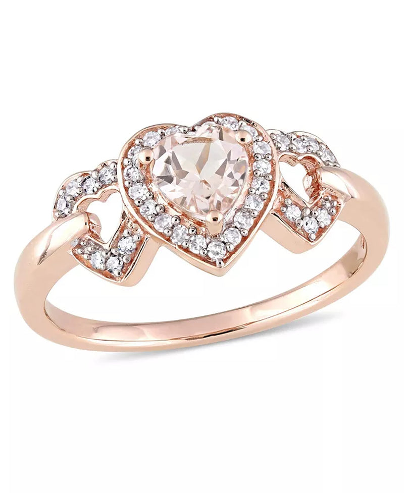 [10K, 1/8 T.C.W.] Rose Gold Morganite & Diamond Linked Heart Ring