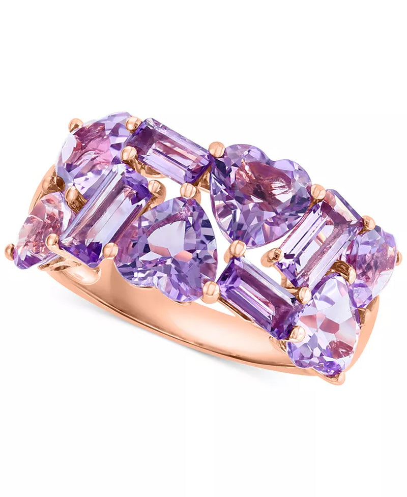 [14K] Rose Gold  Amethyst (7/8 Ct. T.W.) & Pink Amethyst (4 Ct. T.W.) Heart & Baguette Cluster Ring