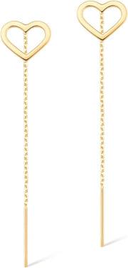 [14K] Solid Gold Open Heart Drop Chain Threader Earrings