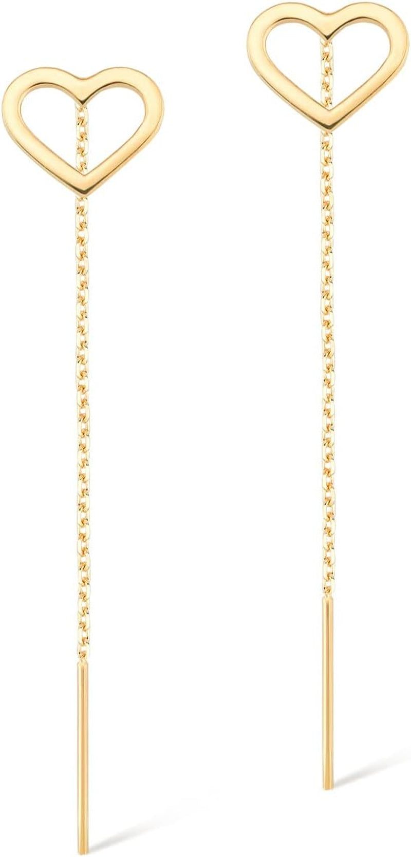 [14K] Solid Gold Open Heart Drop Chain Threader Earrings