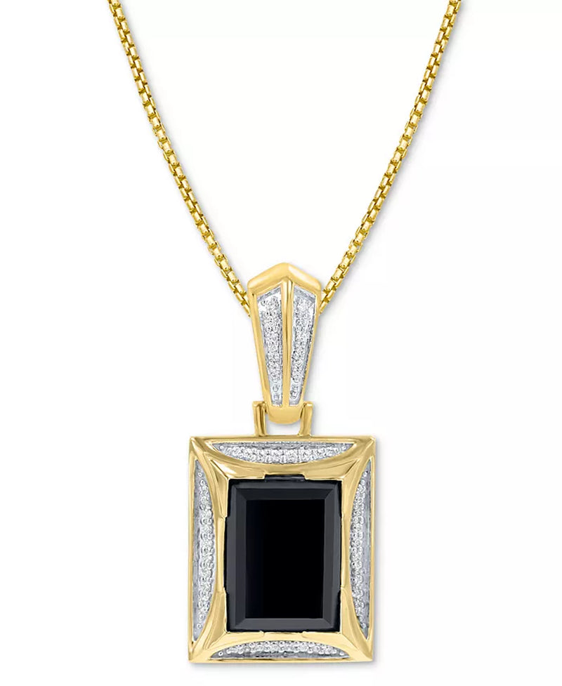 [14K, 1/5 Ct. T.W.] Gold Plated Sterling Silver Onyx & Diamond 22" Pendant Necklace 