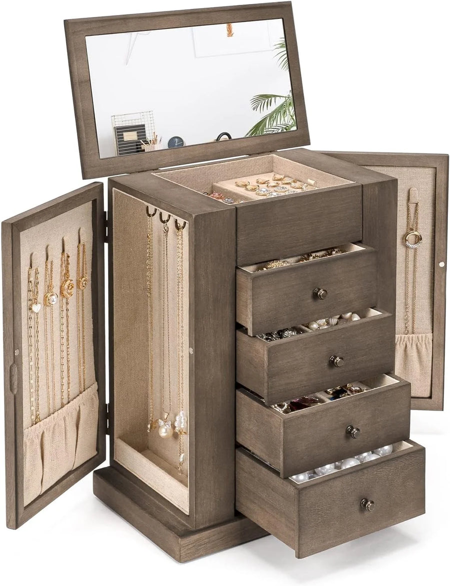 Jewelry Box for Women, 5 Layer Large Wood Jewelry Boxes & Organizers for Necklaces Earrings Rings Bracelets, Rustic Jewelry Organizer Box with Drawers and Mirror-Weathered Gray