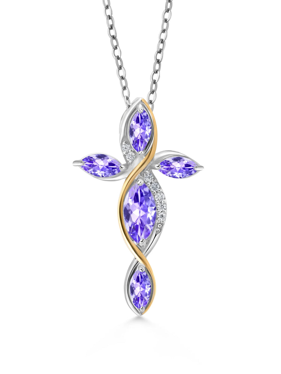 [10K, 1.41 Cttw] Yellow Gold Sterling Silver Blue Tanzanite Pendant Necklace