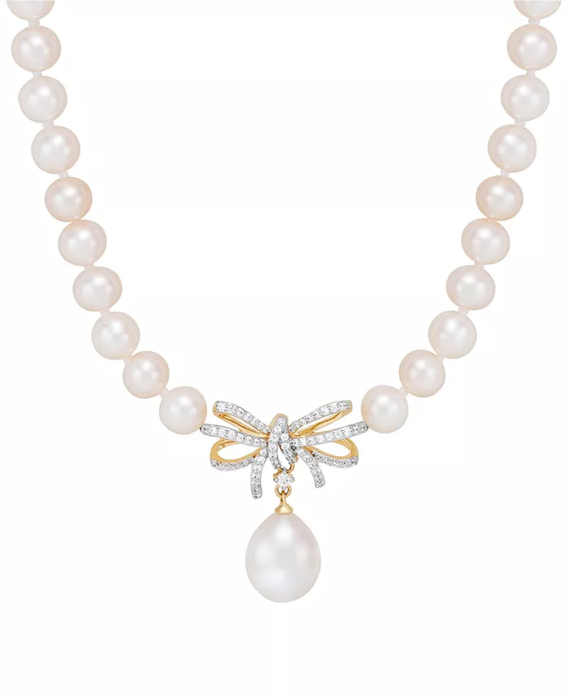 Cultured Freshwater Pearl (5 & 8-1/2Mm) & Diamond (1/5 Ct. T.W.) Ribbon 17" Collar Necklace in 10K Gold