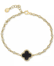 [1 Ct. T.W.] 14K Gold Onyx -White Topaz & [1/8 Ct. T.W.] Diamond  Clover Link Bracelet