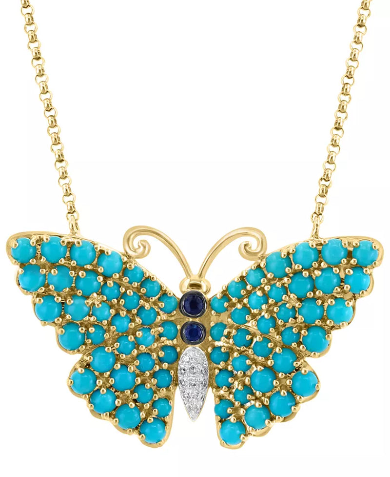 [14K, 1/10 Ct. T.W.] Gold Turquoise Sapphire & Diamond Butterfly Necklace