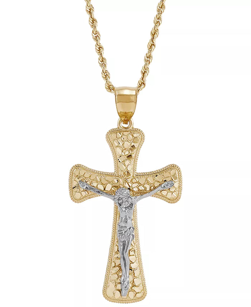 [10K] Yellow & White Gold Polished Nugget Crucifix 22" Pendant