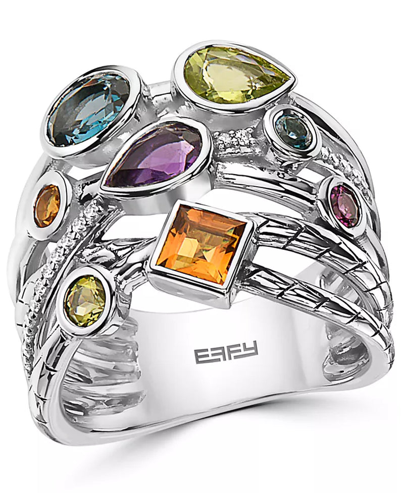 Sterling Silver Multi-Gemstone (1-3/4 Ct. T.W.) & Diamond (1/10 Ct. T.W.) Ring