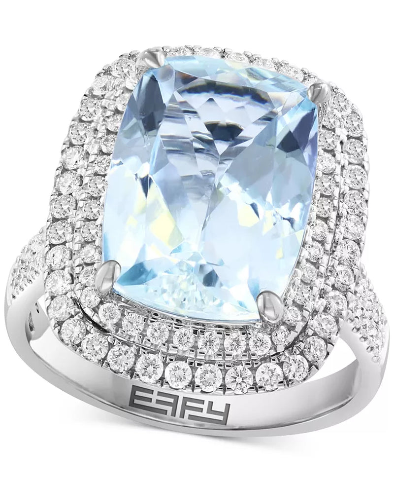 [14K] White Gold Aquamarine (5-7/8 Ct. T.W.) & Diamond (3/4 Ct. T.W.) Double Halo Statement Ring