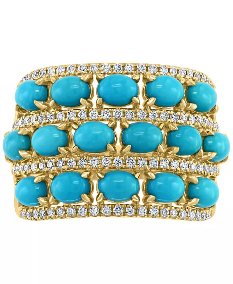 [14K, 1/3 Ct. T.W.] Gold Turquoise & Diamond Multi Row Statement Ring