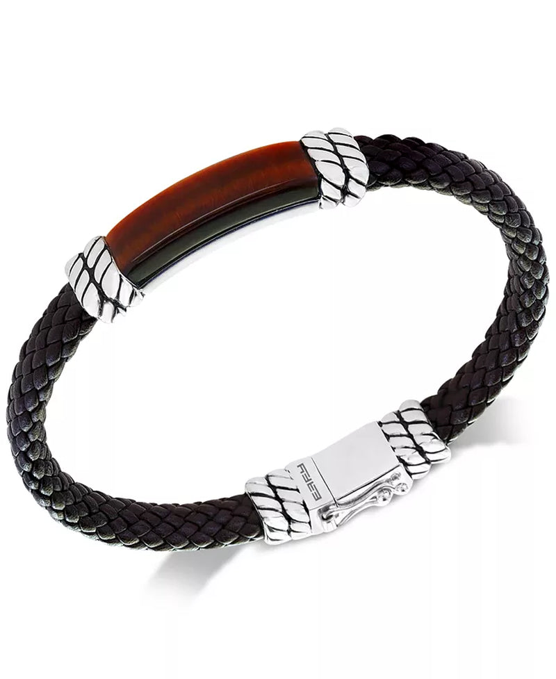 Sterling Silver Men's Tiger's Eye Brown Leather Bracelet