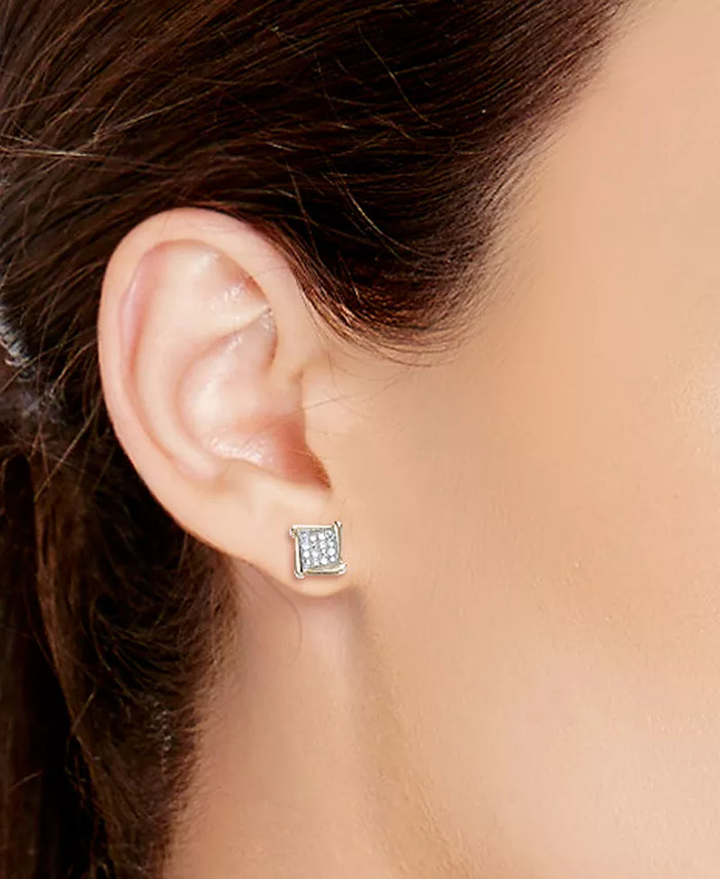 [10K] Yellow or Rose Gold White Diamond Accent Square Stud Unisex Earrings