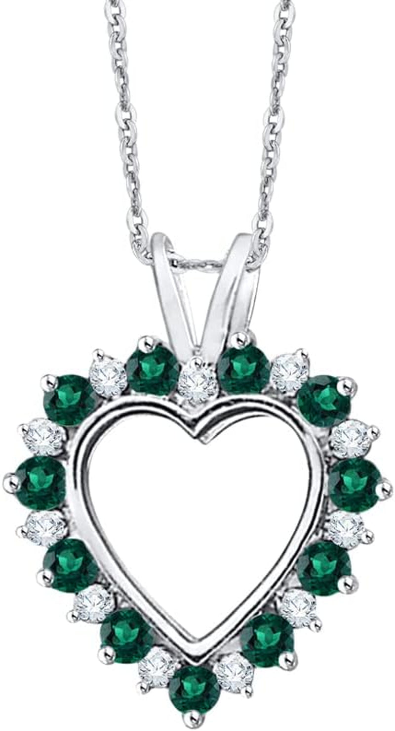 [14K, 5/8 Cttw] White Gold Diamond & Alternating Emerald Heart Pendant Necklace